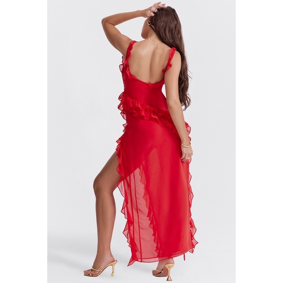 NEW House of CB Ariela Ruffle Maxi Dress Red Rose Cherry Medium - Picture 4 of 17
